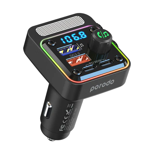 Porodo Quick-Charge FM Car Charger ( Dual USB-C & USB-A ) PD 36W Black image 1