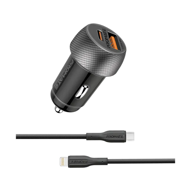 Promate 33W Power Delivery Dual Port Car Charger Combo with Ultra-Fast USB-C to Lightning cable image 1
