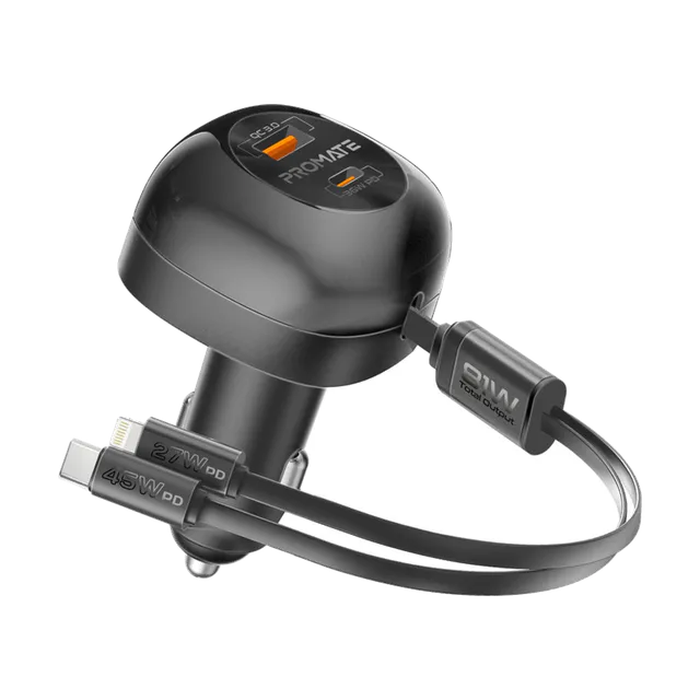 Promate 81W Multi-Port Car Charger with Retractable USB-C & Lightning Cables image 1