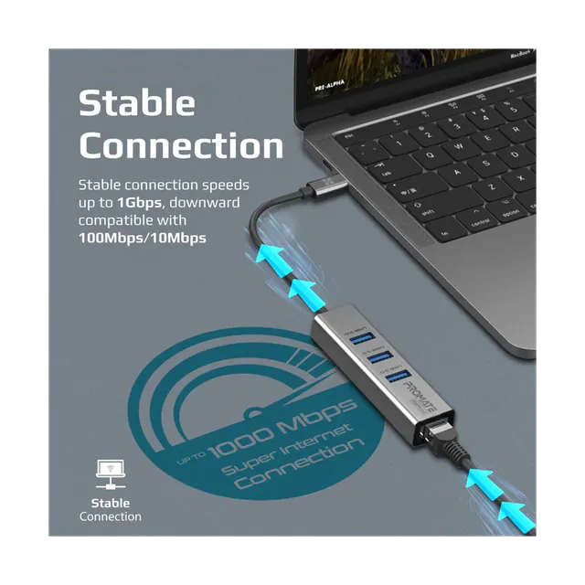 Promate Multi-Port USB-C Hub with Ethernet Adapter (USB 3.0 Ports, 5Gbps Sync, 1000Mbps Ethernet as icons) image 1